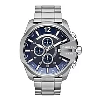 Diesel Mega Chief DZ4417 Mens Chronograph Watch 51mm Blue Dial Silver Steel Bracelet