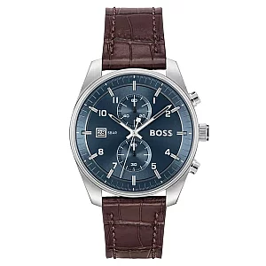 BOSS Skytraveller 1514194 Mens Watch 44mm Blue Dial Leather