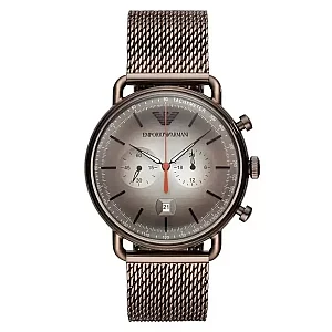 Emporio Armani Aviator AR11169 Mens Chronograph Watch 43mm Brown Dial Brown Mesh Bracelet